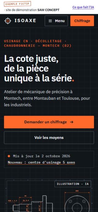 Exemple fictif : site d'atelier d'usinage, sur téléphone