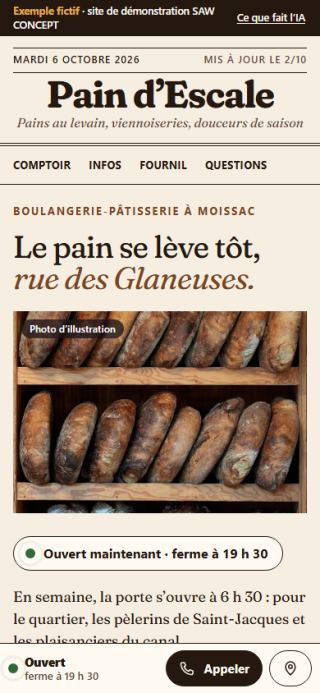 Exemple fictif : site de boulangerie-pâtisserie, sur téléphone