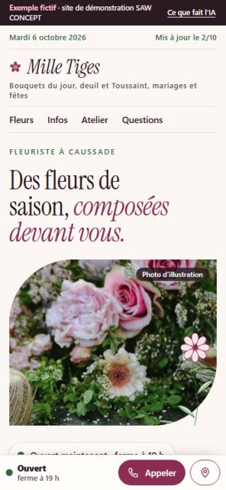 Exemple fictif : site de fleuriste, sur téléphone
